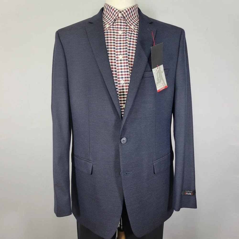 Van‎ Heusen Flex Men's Sport Coat Blazer Navy Houndstooth Poly Blend 46L NEW